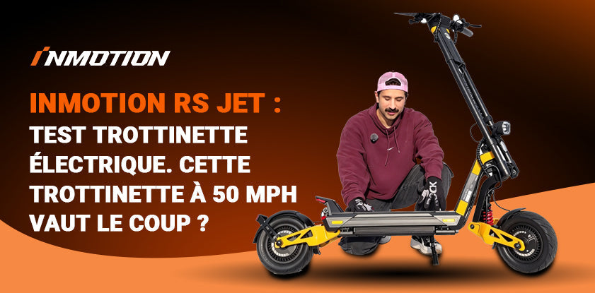 Homme posant à côté d'un trottinette électrique INMOTION RS Jet jaune et noir lors d'un test, avec le texte 